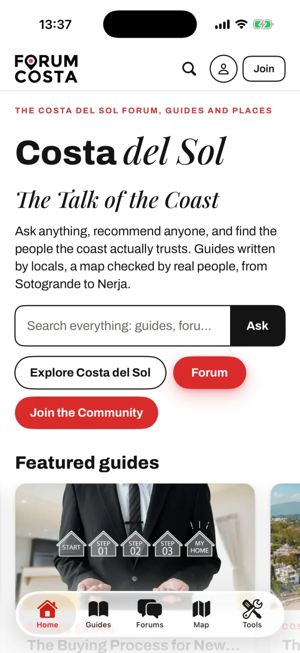 The Forum Costa app: the home screen