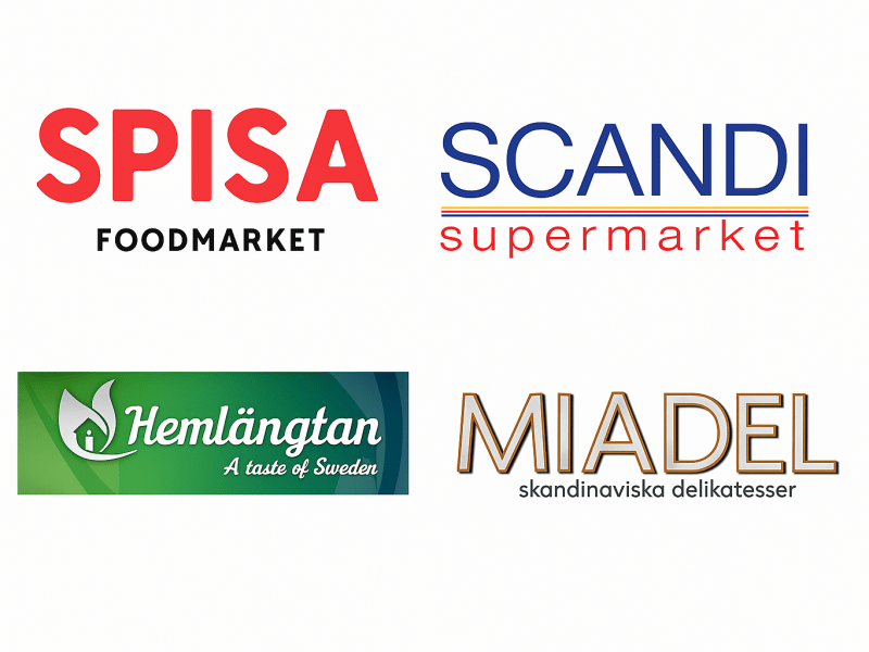 Supermarket logos in Spain, Spisa Food Market, Scandi, Hemlangtan, and Miadel Super Markets.