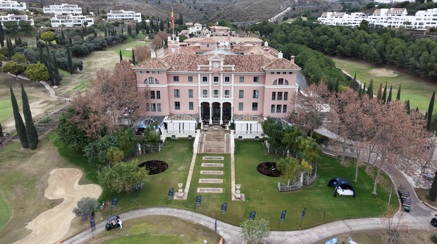 drone shot of the main golf acess and frontal side of the hotel villa padierna