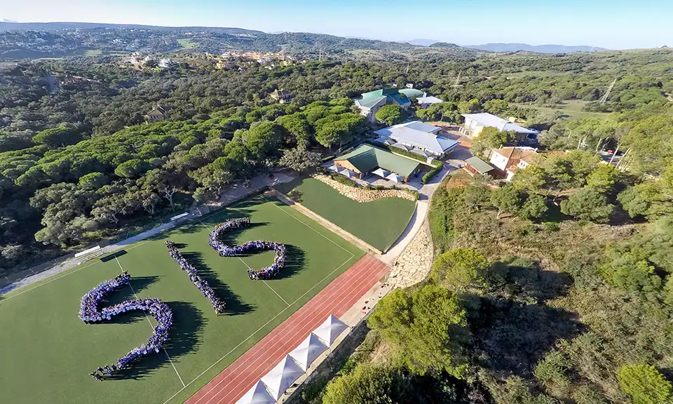 overview on a school and footboll field