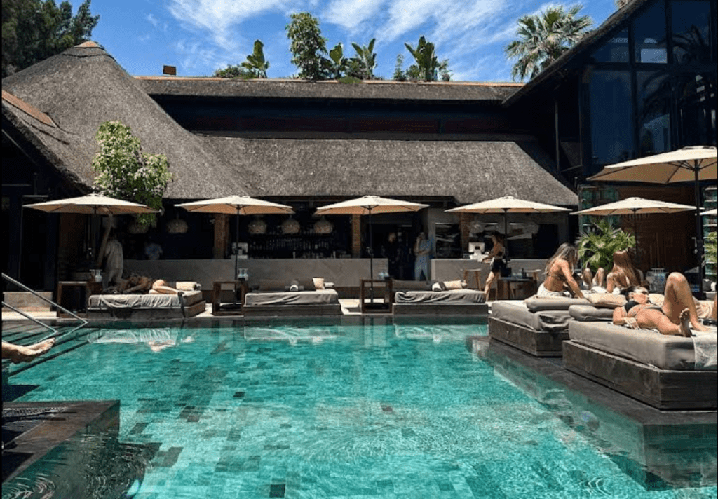 Fancy tropical vibe pool with sunbeds